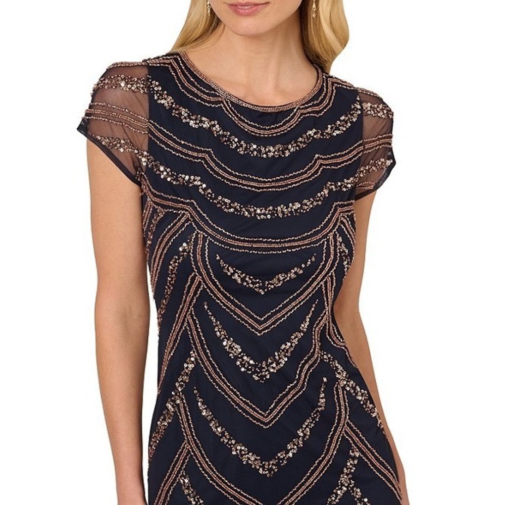 Adrianna Papell Navy Blue Sequin Beaded Art Deco Sheath Cocktail Dress NEW 10 - Picture 3 of 16